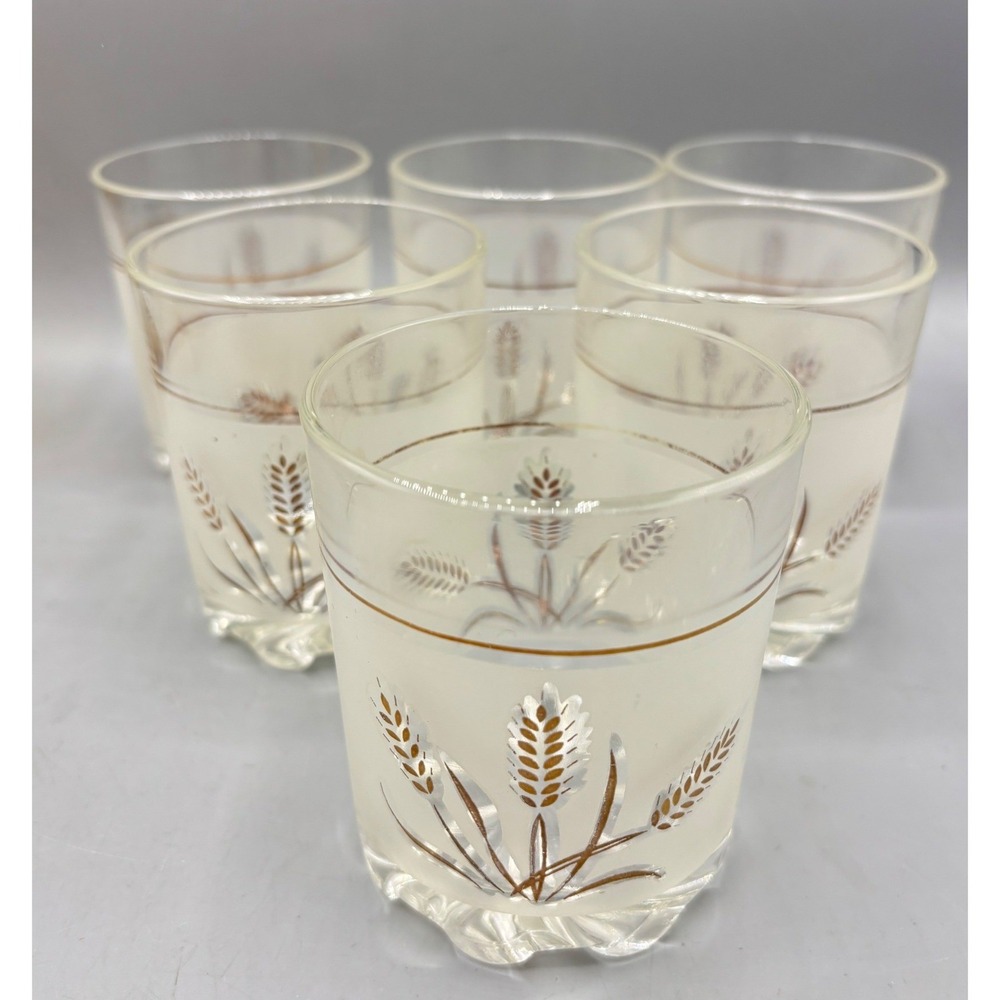 Vtg DeValBor Frosted Gold‎ Wheat Glasses Set of 6 Mid Century Scalloped Base